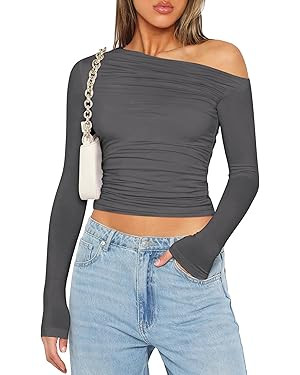 Zeagoo Womens Long Sleeve Off The Shoulder Casual Crop Tops Boat Neck Going Out Slim Fit Y2K T Sh... | Amazon (US)