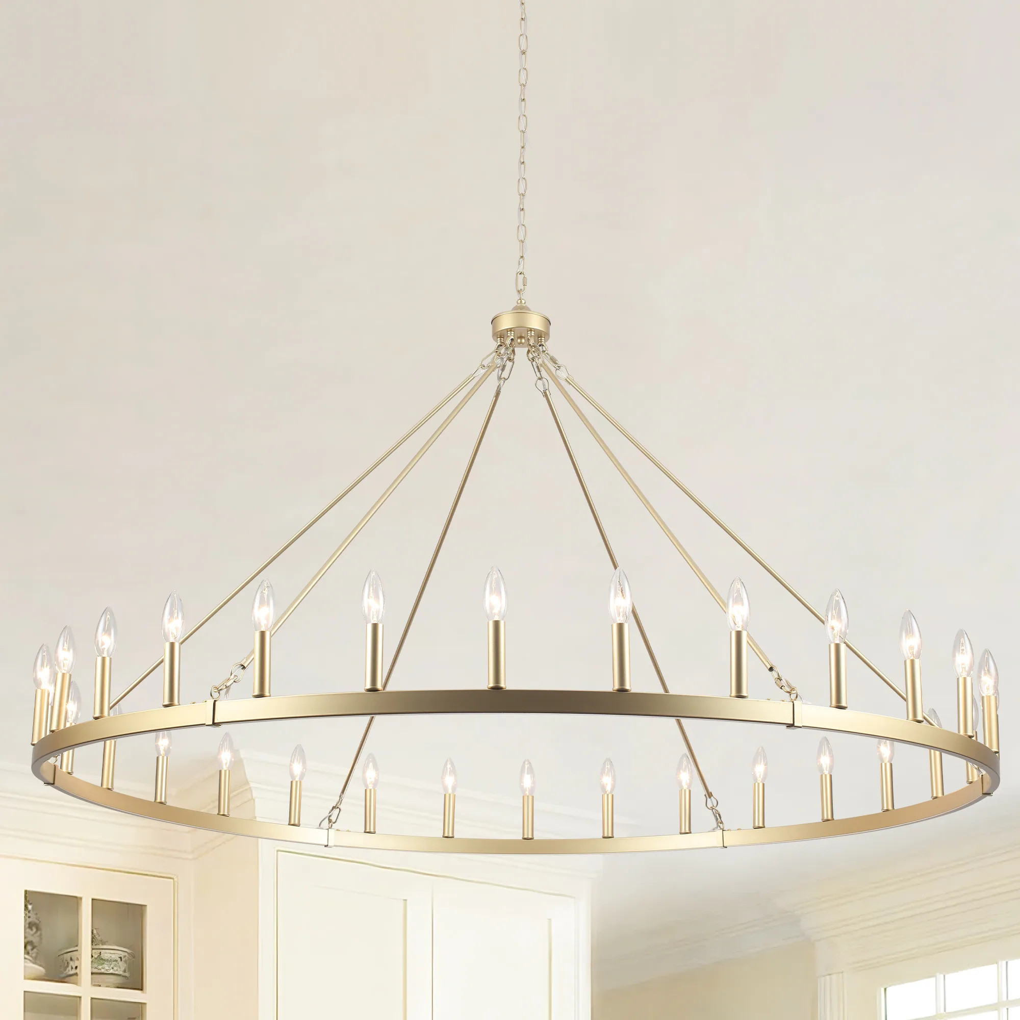 Vyolette 60 in. 30-Light Extra Large Farmhouse Round Wagon Wheel Chandelier, Classic Dining Room Living Room Chandelier | Overstock