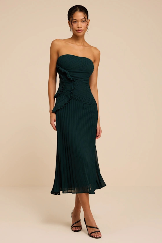 Talicia Emerald Pleated Ruffled Midi Dress | Lulus