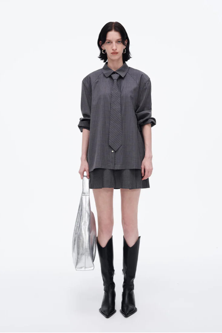 SELFWHO Sheep Wool Blend Grey Striped Shirt | SELFWHO