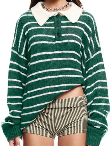 Women Y2k Striped Rugby Polo Shirt Knit Vinatge Tops Long Sleeve Button Collared Neck Preppy Pull... | Amazon (US)