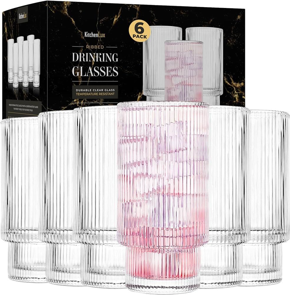 Ribbed Drinking Glasses - Ribbed Glass Cups 12 oz - Ribbed Glassware Set of 6 - Textured Vintage ... | Amazon (US)