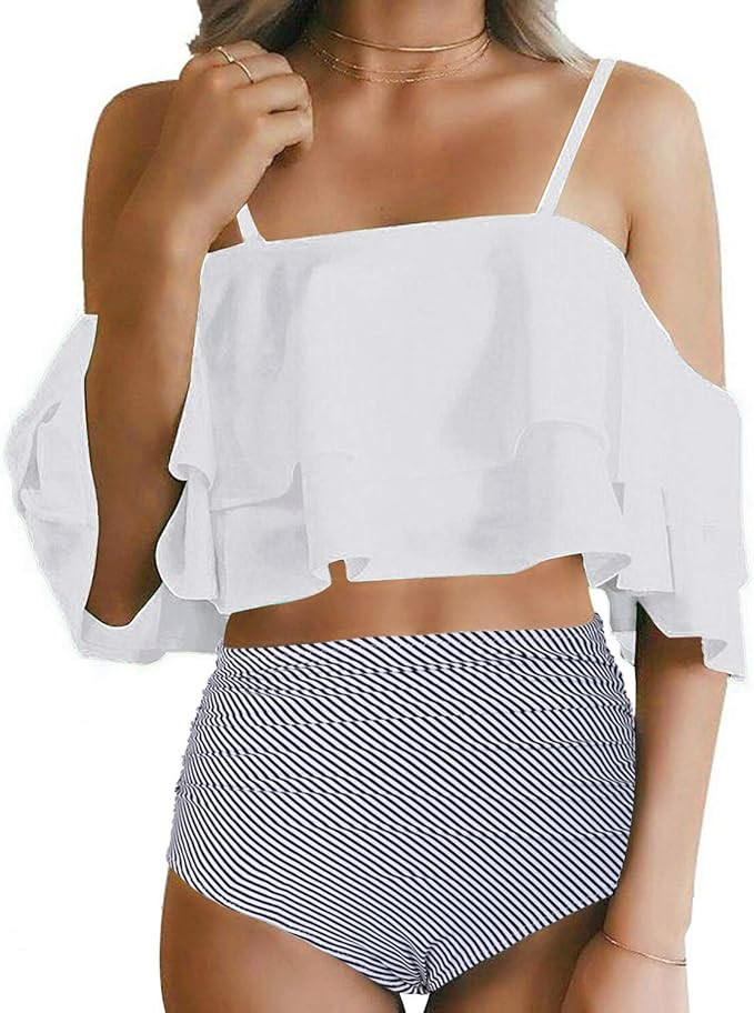 Tempt Me Women Two Piece Swimsuit High Waisted Bikini Off Shoulder Ruffle Bathing Suits | Amazon (US)