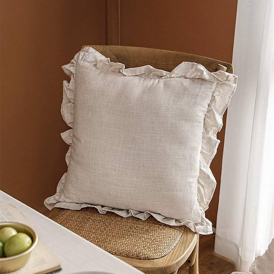 100% French Linen Throw Pillow Covers - Set of 2 - Washed Flax Decorative Ruffled Square Cushion ... | Amazon (US)
