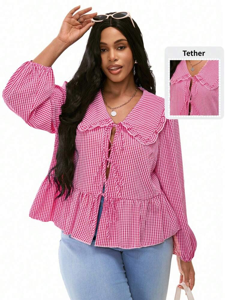 Solavibe Plus Size Women Plaid Front Tie Lantern Sleeve Ruffle Hem Top,Fall French Plaid Peter Pa... | SHEIN