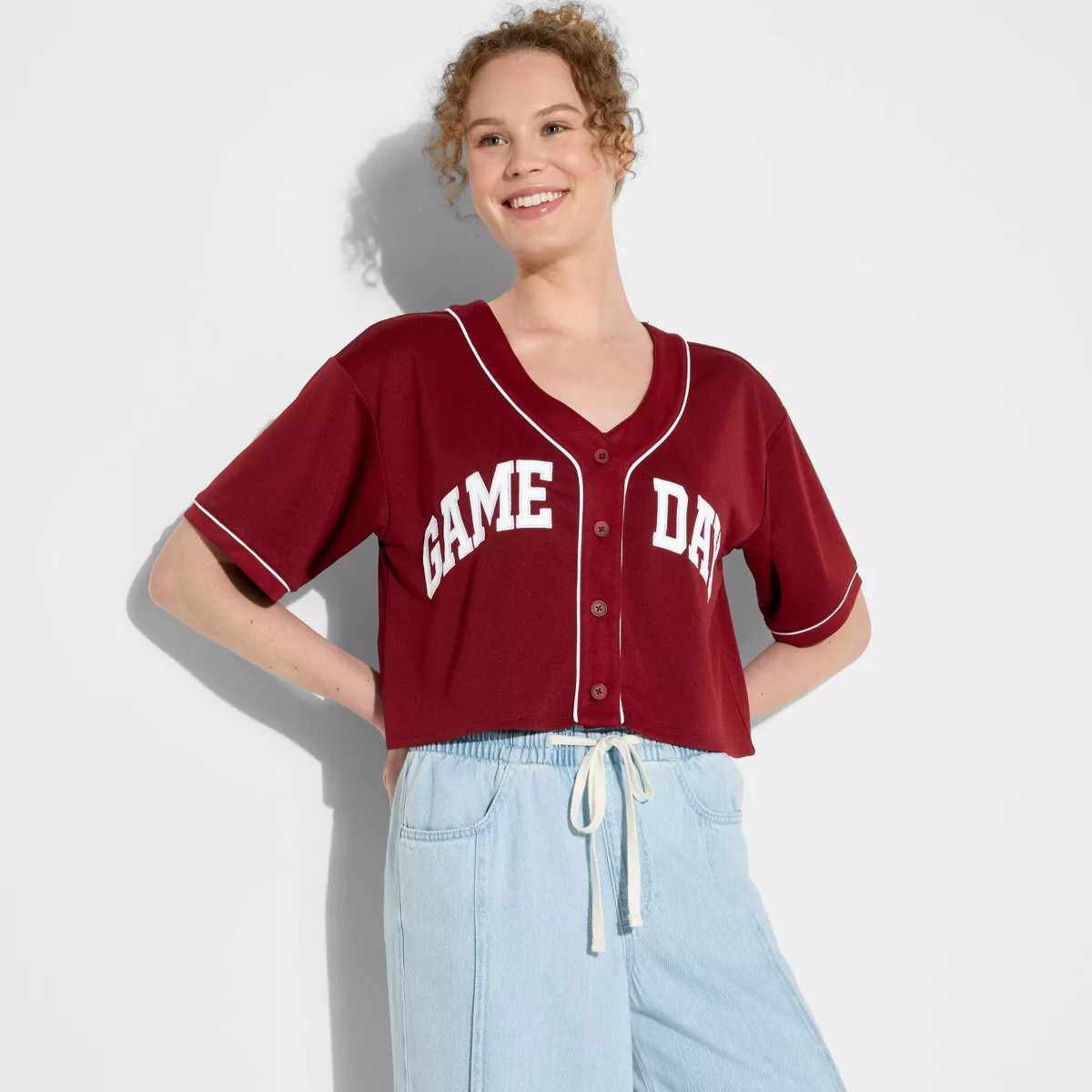 Women's Game Day Cropped Elbow Sleeve V-Neck Athletic Jersey - Wild Fable™ | Target
