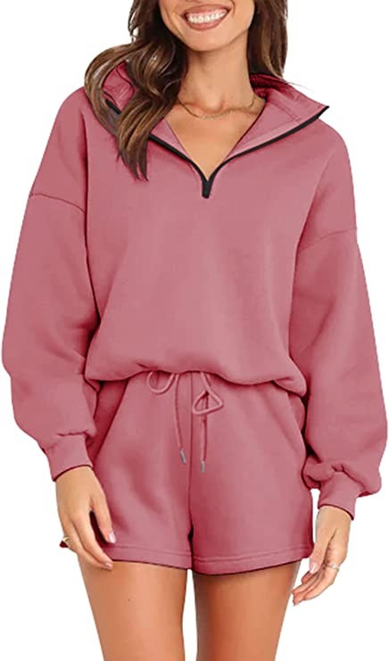 Lingswallow 2 Piece Lounge Sets for Women - Oversized Sweatshirt and Shorts Half Zip Fleece Sweat... | Amazon (US)