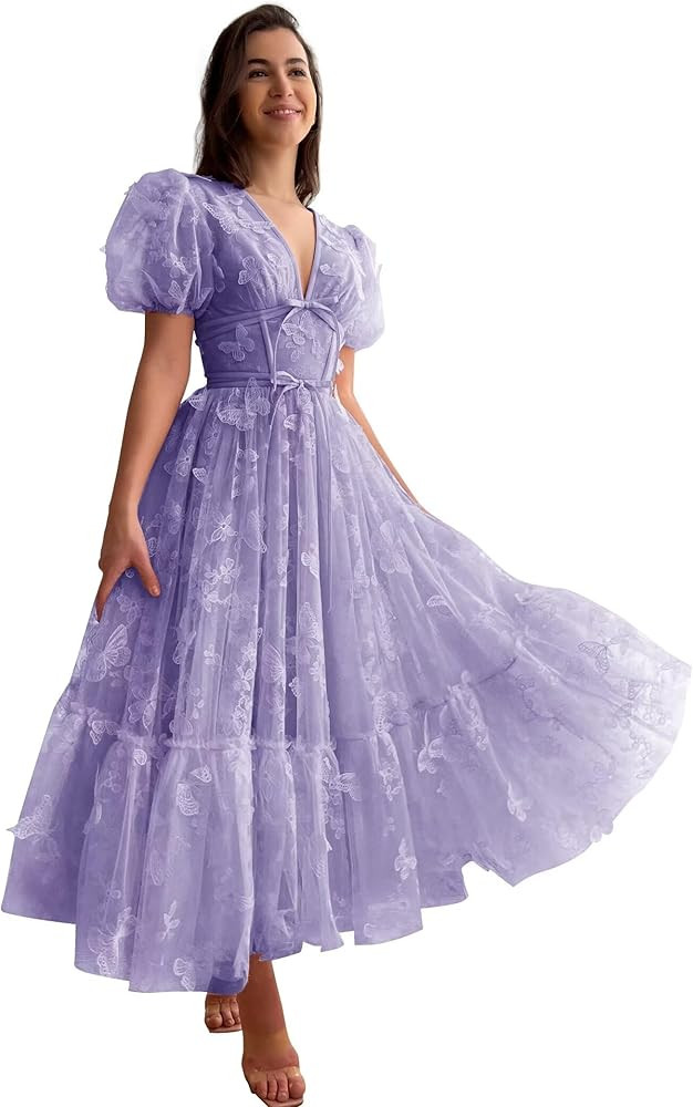 Tulle 3D Butterfly Prom Dresses 2024 Tea Length V Neck Embroidered Formal Evening Party Gowns | Amazon (US)
