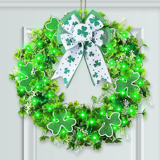 Enhon Shamrock Wreath Bow, 14 Inch St Patrick's Day Wreath Decor Spring Clover Artificial Wreath ... | Amazon (US)