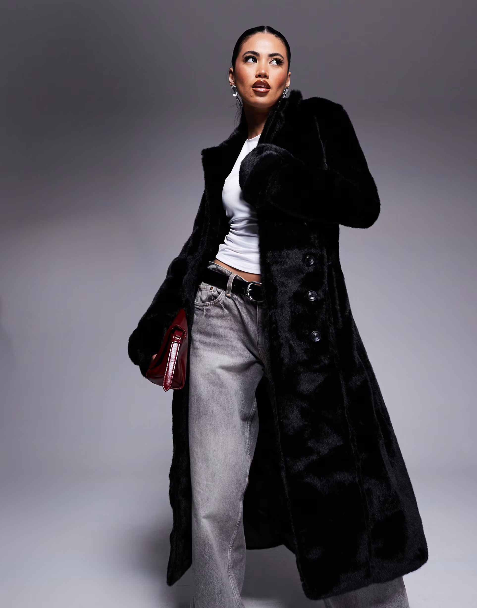 Bardot premium faux fur wrap overcoat in black | ASOS (Global)