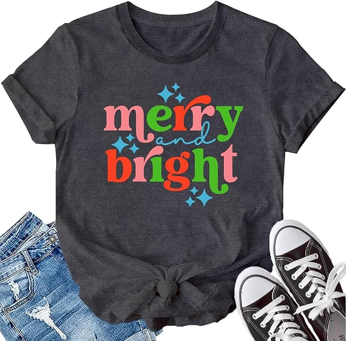 LBP Merry Christmas Shirt for Women Merry and Bright Christmas T-Shirt Xmas Holiday Tee Tops | Amazon (US)