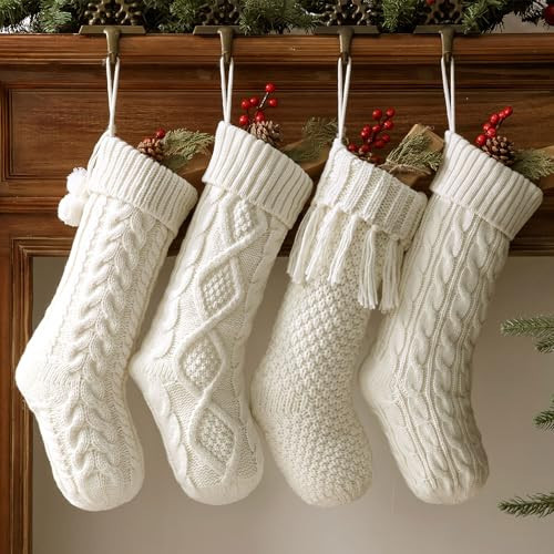 Pawliss Farmhouse Knitted Christmas Stockings: 4 Pack 18 Inch Rustic Cable Knit Fireplace Stockings, Boho Style Farmhouse Hanging Xmas Stocking Decorations for Family Holiday Décor, Cream White Beige | Amazon (US)