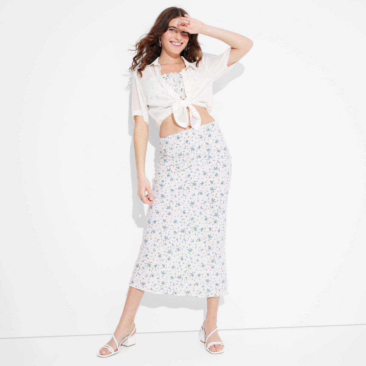 Women's Linen Bow-Front Maxi Skirt - Wild Fable™ Light Aqua Blue Floral XS | Target