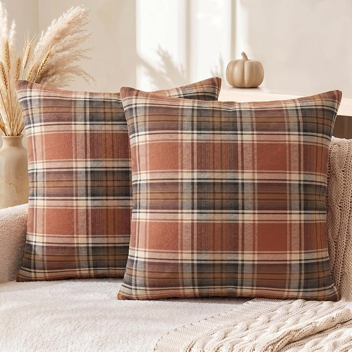 AVOIN colorlife Fall Caramel Brown Plaid Decorative Throw Pillow Covers, 18 x 18 Inch Holiday Scottish Tartan Cushion Case Farmhouse Decoration for Sofa Couch Set of 2 | Amazon (US)