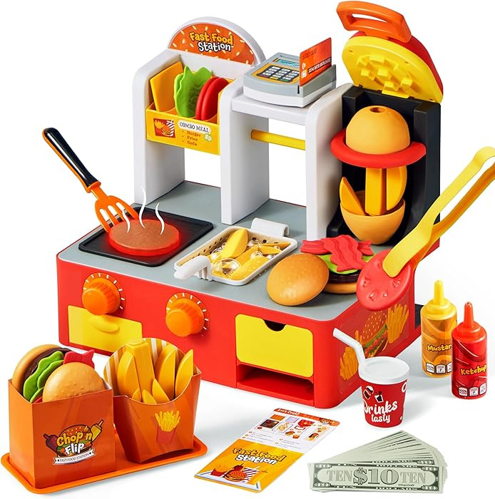Restaurant Play Set Toy - 40+ PCS Fast Food Playset with Potato Cutter, Simulated Frying Effect &... | Amazon (US)