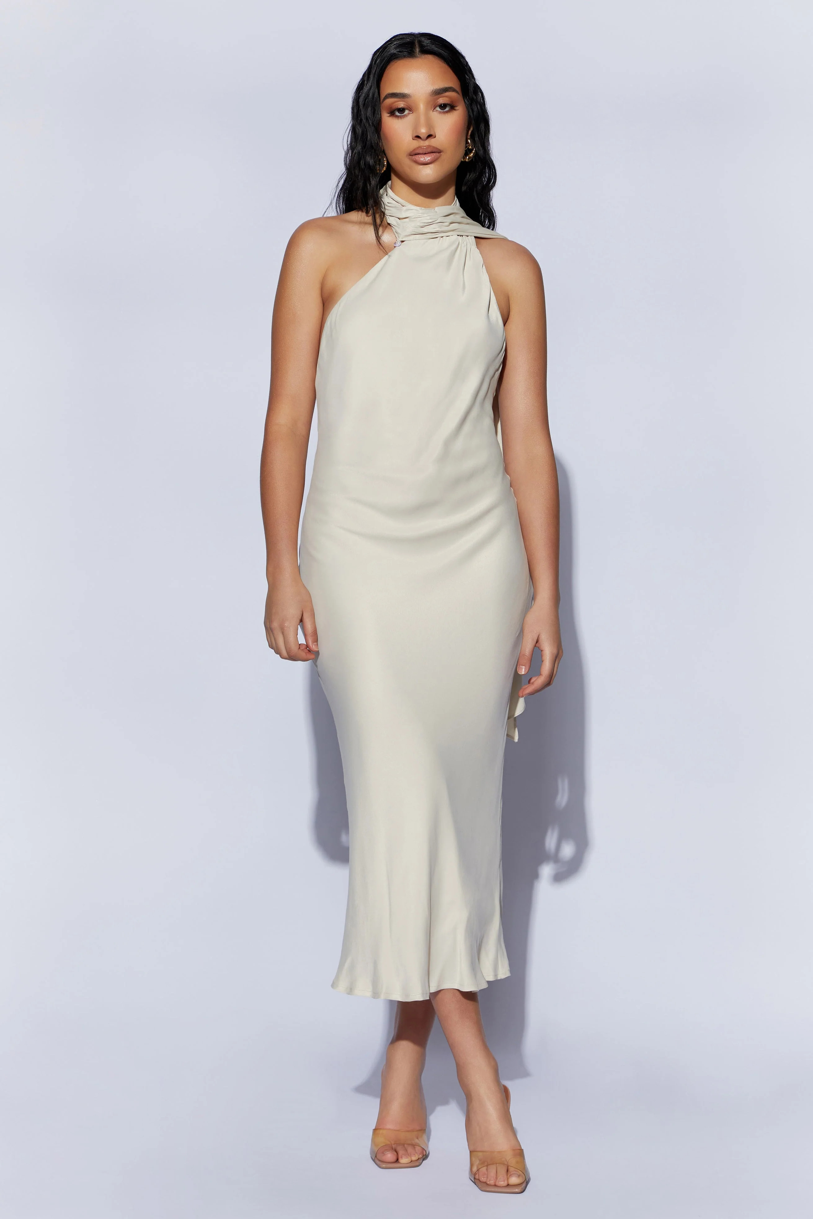 Astrella Neck Wrap Midi A-Line Dress - Wheat | MESHKI US