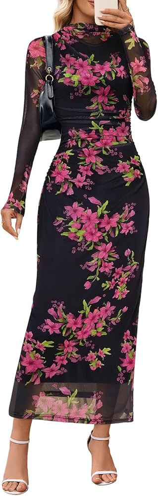MEROKEETY Women's Spring Wedding Guest Dress 2026 Long Sleeve Bodycon Floral Mesh Fall Cocktail H... | Amazon (US)