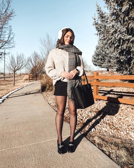 Winter outfit idea would be cute for a thanksgiving outfit too! Oversized sweater, black mini skirt, loafers, scarf, and earmuffs 

#LTKshoecrush #LTKstyletip #LTKSeasonal