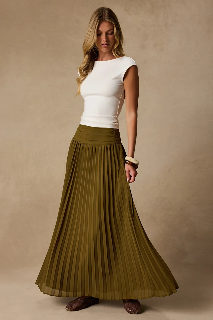 Liada Olive Pleated High-Waisted Maxi Skirt | Lulus
