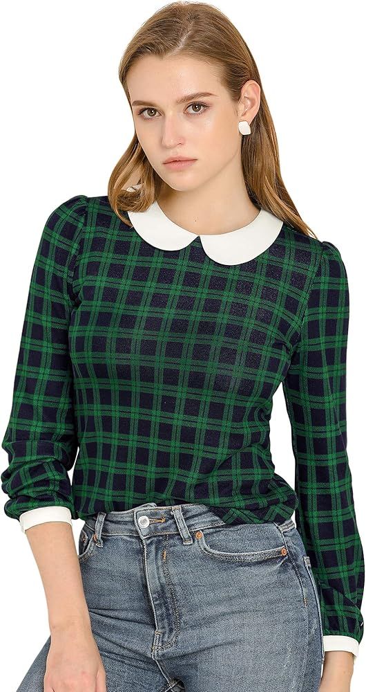 Allegra K Women's Peter Pan Collar Contrast Puff Sleeve Christmas Xmas Party Shirt Blouse | Amazon (US)
