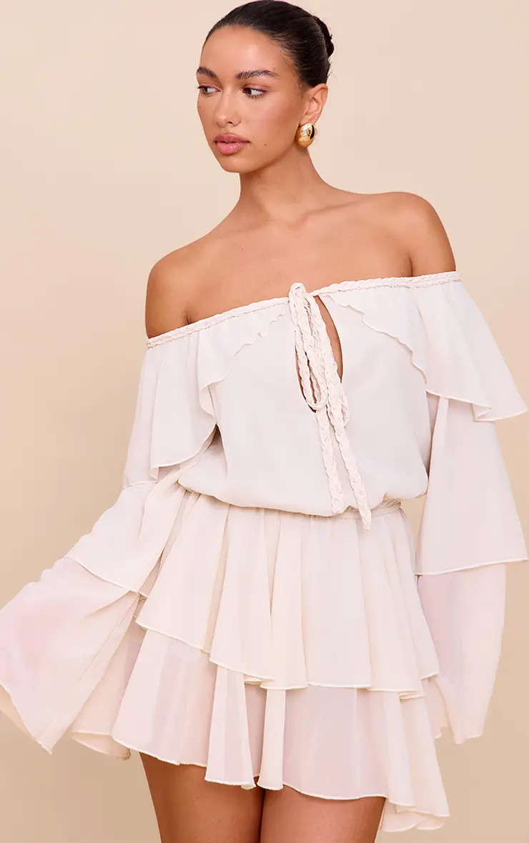 Cream Chiffon Ruffle Detail Long Sleeve Playsuit | PrettyLittleThing US