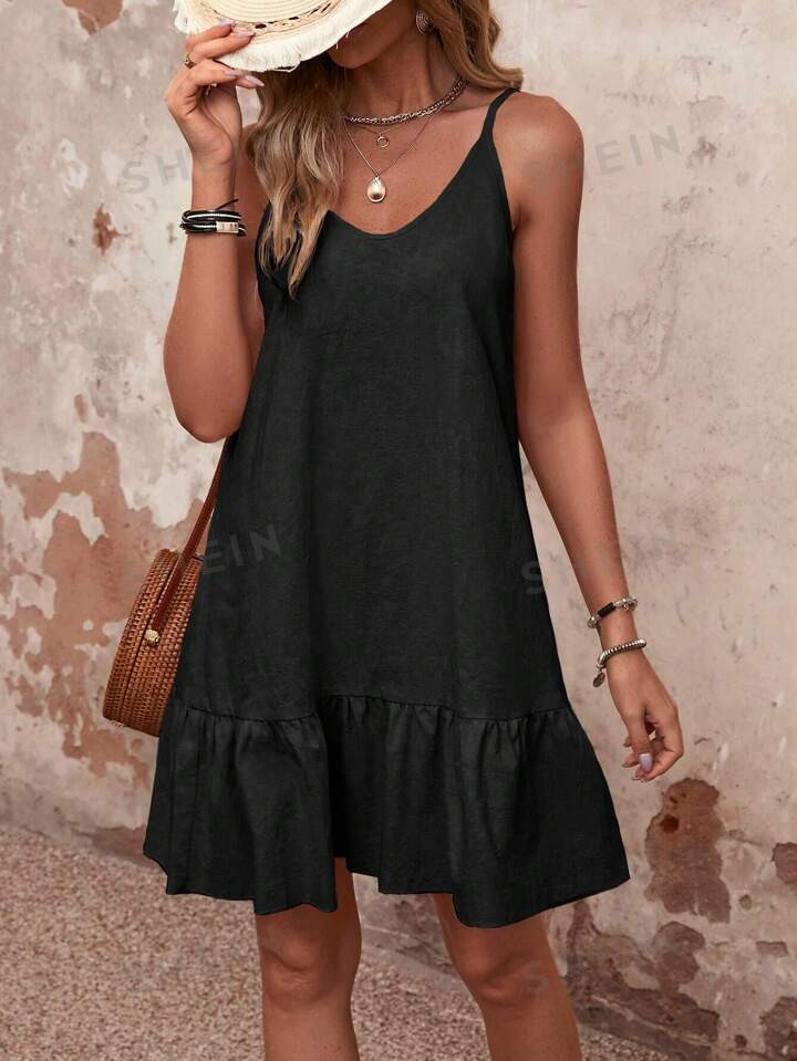 SHEIN VCAY Solid Ruffle Hem Cami Dress | SHEIN