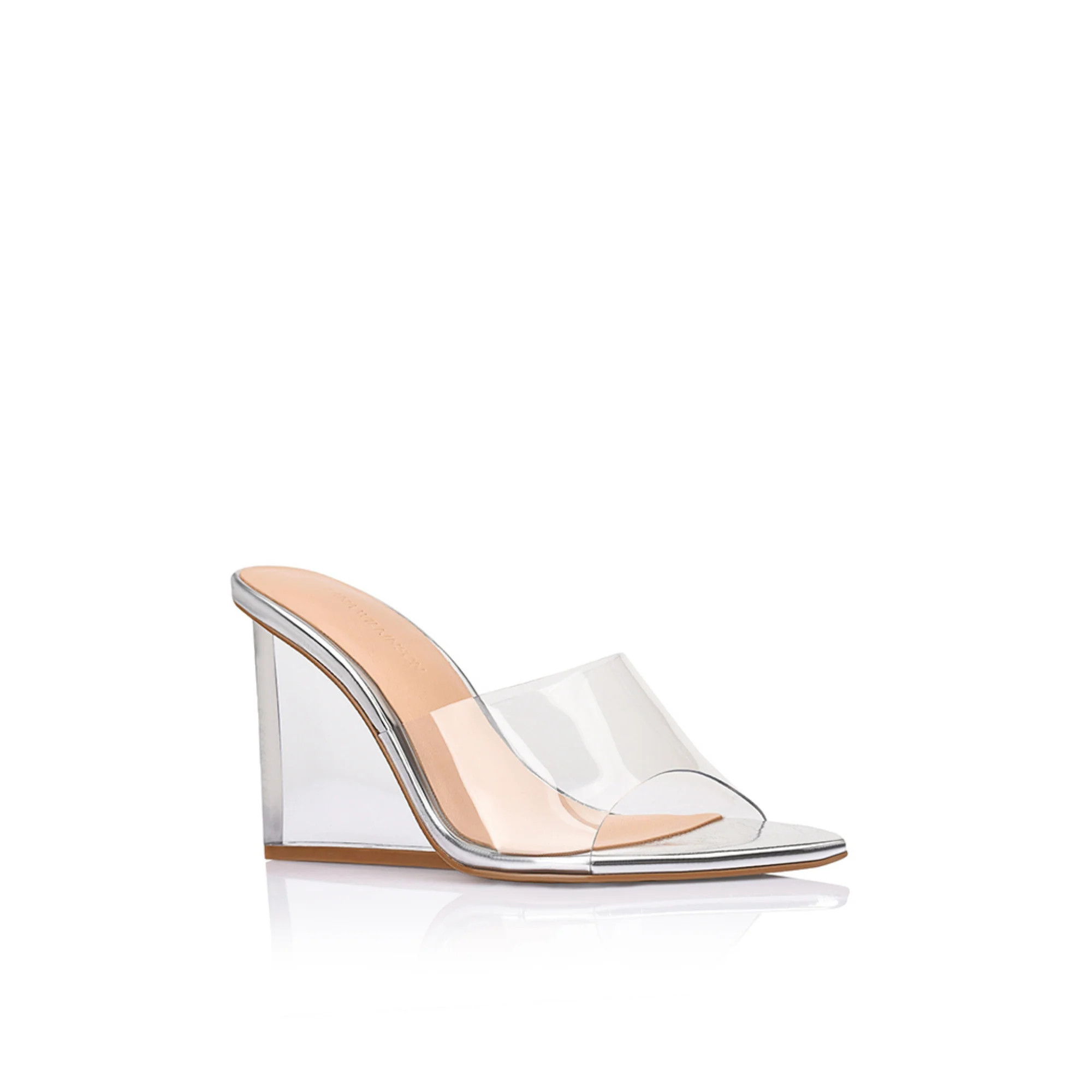 Suzy Wedge Sandal Lucite & Silver Metallic Leather | Lana Wilkinson
