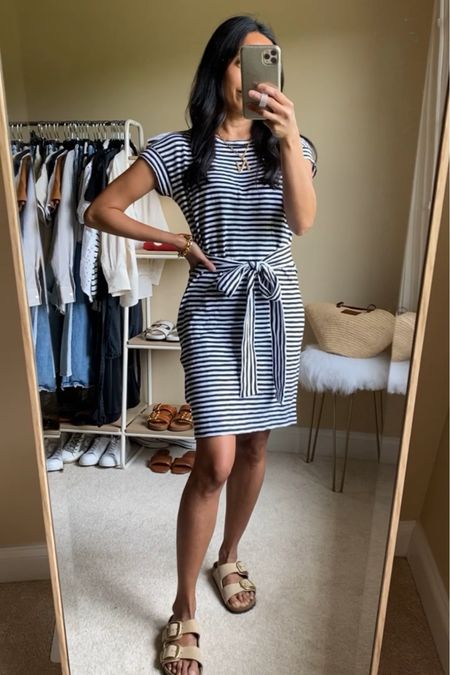 T-shirt dress has a flattering fit thanks to the built-in tie waist. True to size or size down if in between. 
Summer outfit. Summer dress. Vacation outfit. Vacation dress. Slide sandals. Code Naomi20 go save on jewelry  

#LTKOver40 #LTKFindsUnder50 #LTKSaleAlert