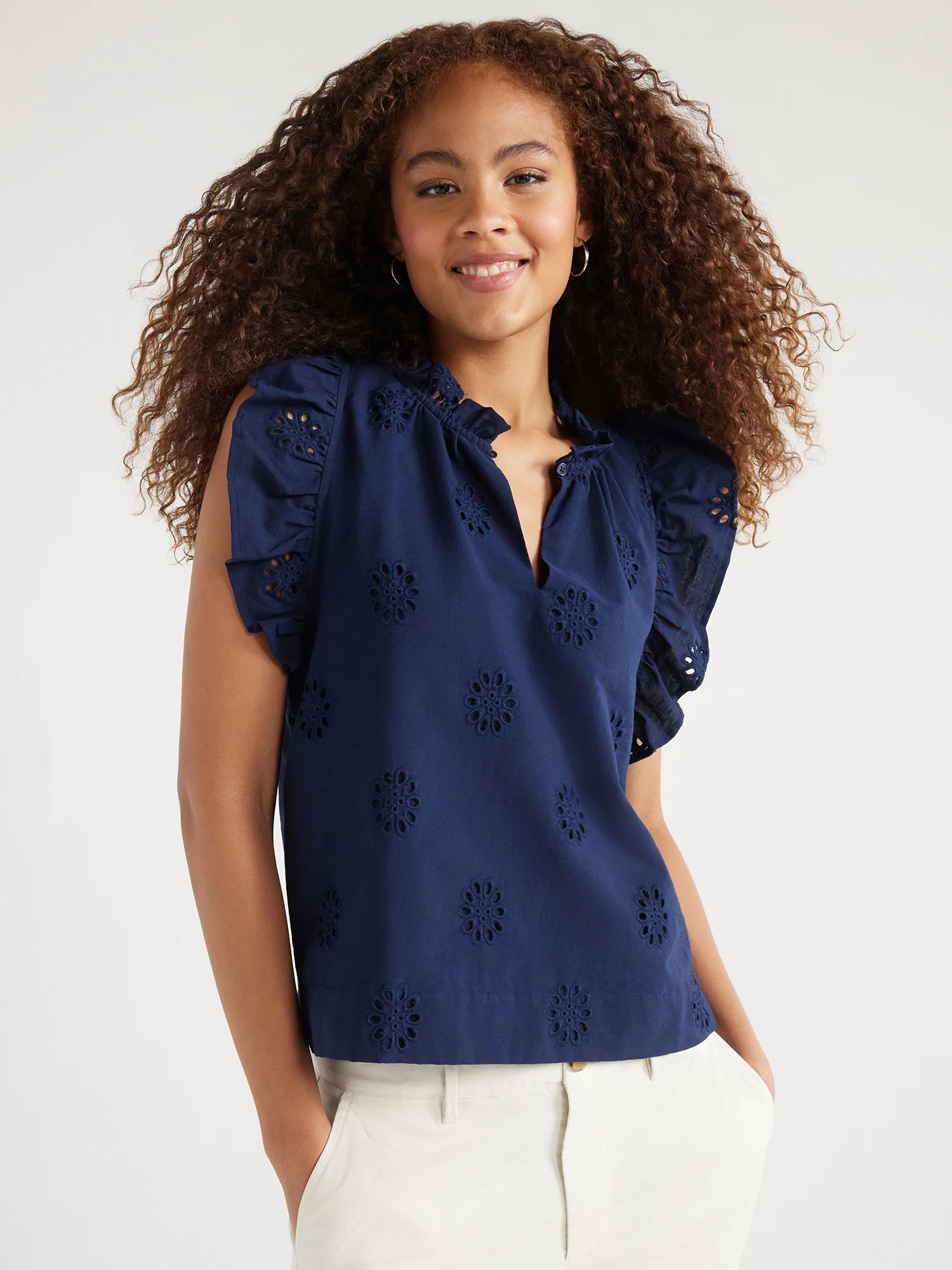 Free Assembly Women's Cotton Sleeveless Flutter Eyelet Top, Sizes XS-XXL | Walmart (US)