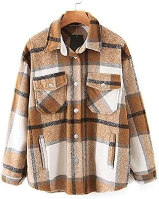 Tanming Womens Wool Blend Plaid Lapel Button Short Pocketed Shacket Shirts Coats（01 Khaki-S） ... | Amazon (US)