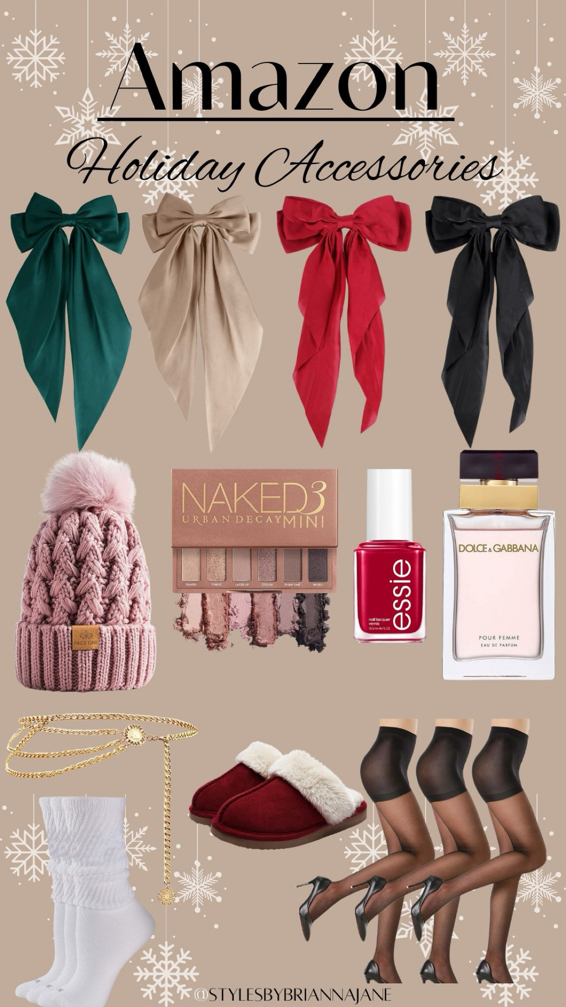 Big bows for hair. Red nails polish. Perfume. Black tights. Pom Pom beanie. Gold chain belt. 

#LTKHoliday #LTKGiftGuide #LTKbeauty