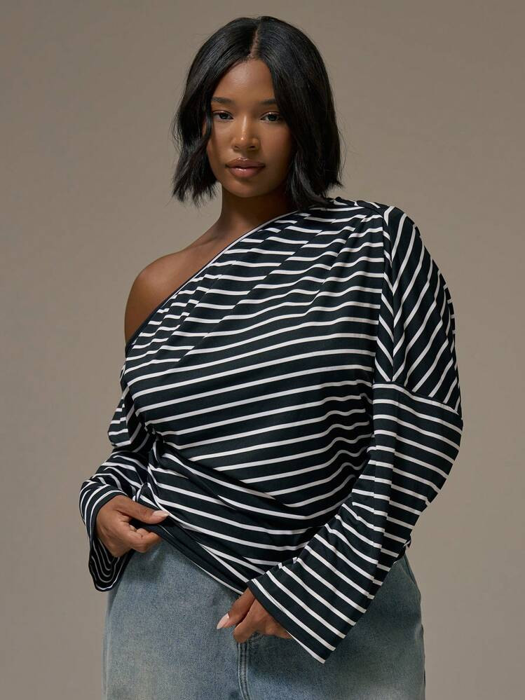 MUSERA Plus Size Stripe Asymmetric Shoulder Long Sleeve Top Cute Summer Holiday Elegant Vacation Romantic Curve Week | SHEIN