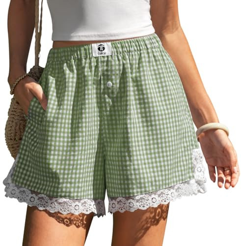 TARSE Gingham Shorts for Women Boxer Lace Trim Sleep Pajama Lounge Shorts Summer Casual Home Wear Bottoms(GreenWhitePlaid,S) | Amazon (US)