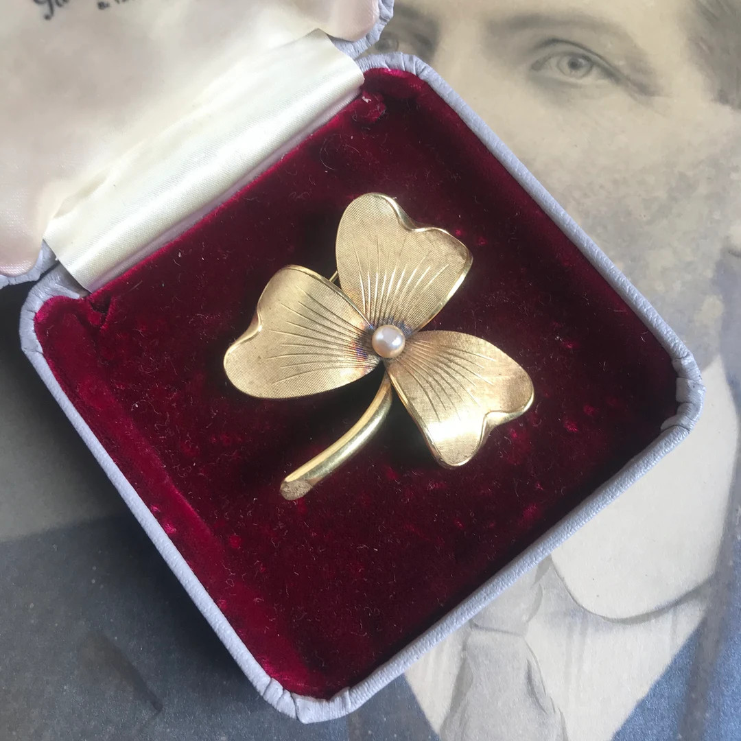 Fabulous Vintage Gold Tone & Bead Brooch Clover Leaf Rolled Gold Made in Germany - Etsy UK | Etsy (UK)