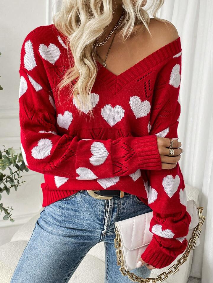 SHEIN Essnce Heart Pattern Drop Shoulder Sweater | SHEIN