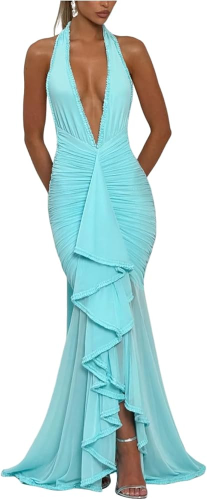 Janessa Maxi Dress Lace Trailing Neck Deep V Sexy Resort Wedding Evening Gowns | Amazon (US)
