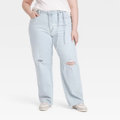 Women's Mid-Rise Drawstring Baggy Jeans - Universal Thread™ Light Wash 6: Relaxed Fit, Frayed Hem, 32" Inseam, Denim | Target