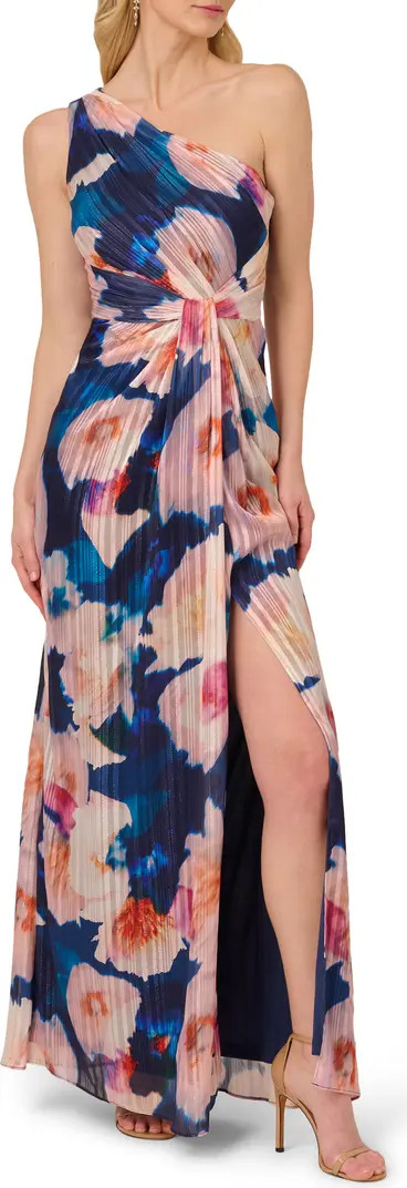 Adrianna Papell Pleated Floral One-Shoulder Chiffon Gown | Nordstrom | Nordstrom