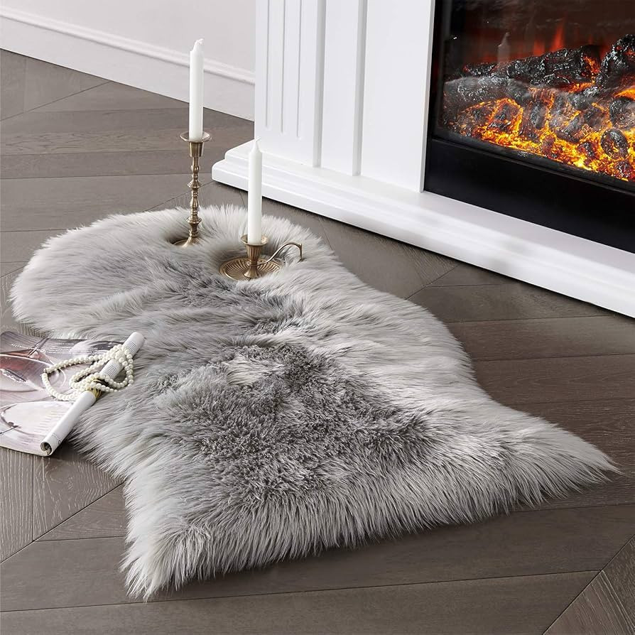 SERISSA Soft Faux Sheepskin Fur Area Rug Grey Fur Chair Cover Seat Pad Fuzzy Area Rug for Bedroom... | Amazon (US)