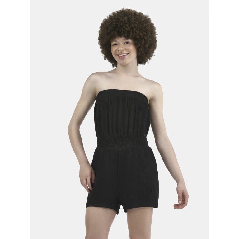 No Boundaries Cotton Smocked Waist Strapless Romper, Women's | Walmart (US)