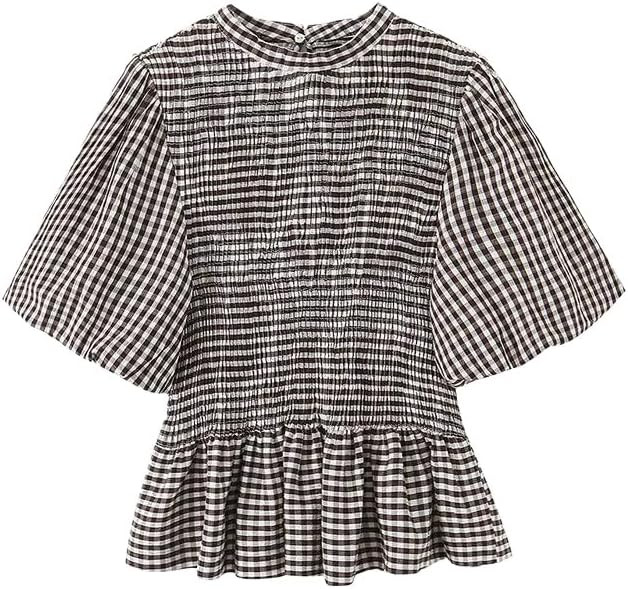 Women's Spring Summer Plaid Grid Blouse with Puff Sleeves Loose Fit Casual Crop Top | Amazon (US)