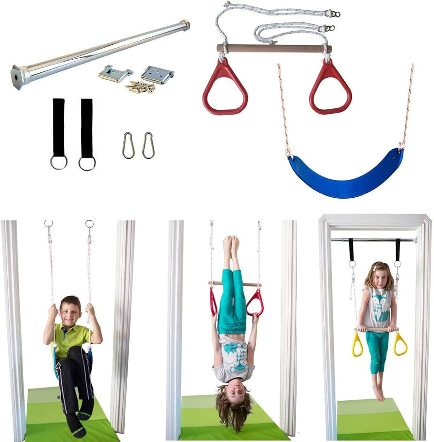 DreamGYM Doorway Swing for Kids Indoor - Trapeze Bar and Gymnastic Rings Combo and Classic Rope S... | Amazon (US)