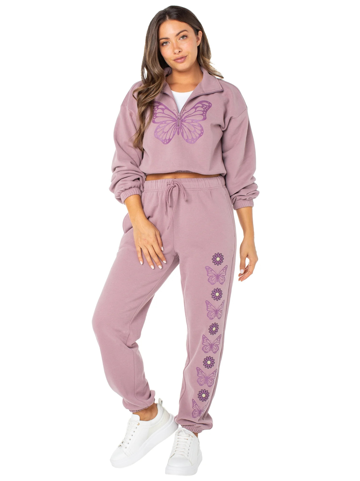 Celebrity Pink Juniors Set w/ 1/2 Zip Sweater and Boyfriend Jogger w/ Butterfly Print, Sizes XS-X... | Walmart (US)
