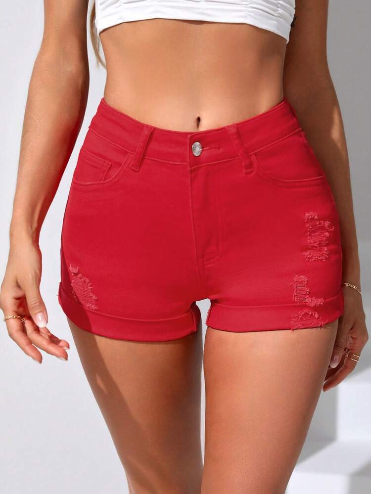 SHEIN PETITE Ripped Roll Up Hem Denim Shorts | SHEIN