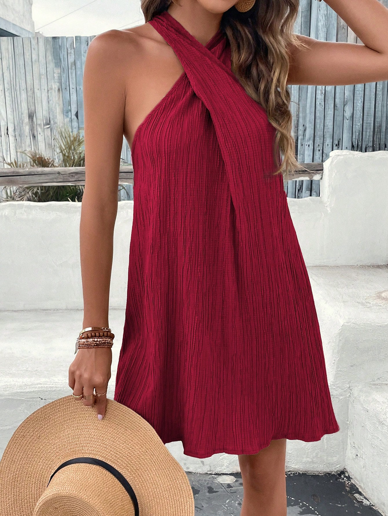 SHEIN VCAY Solid Criss Cross Halter Neck Dress | SHEIN