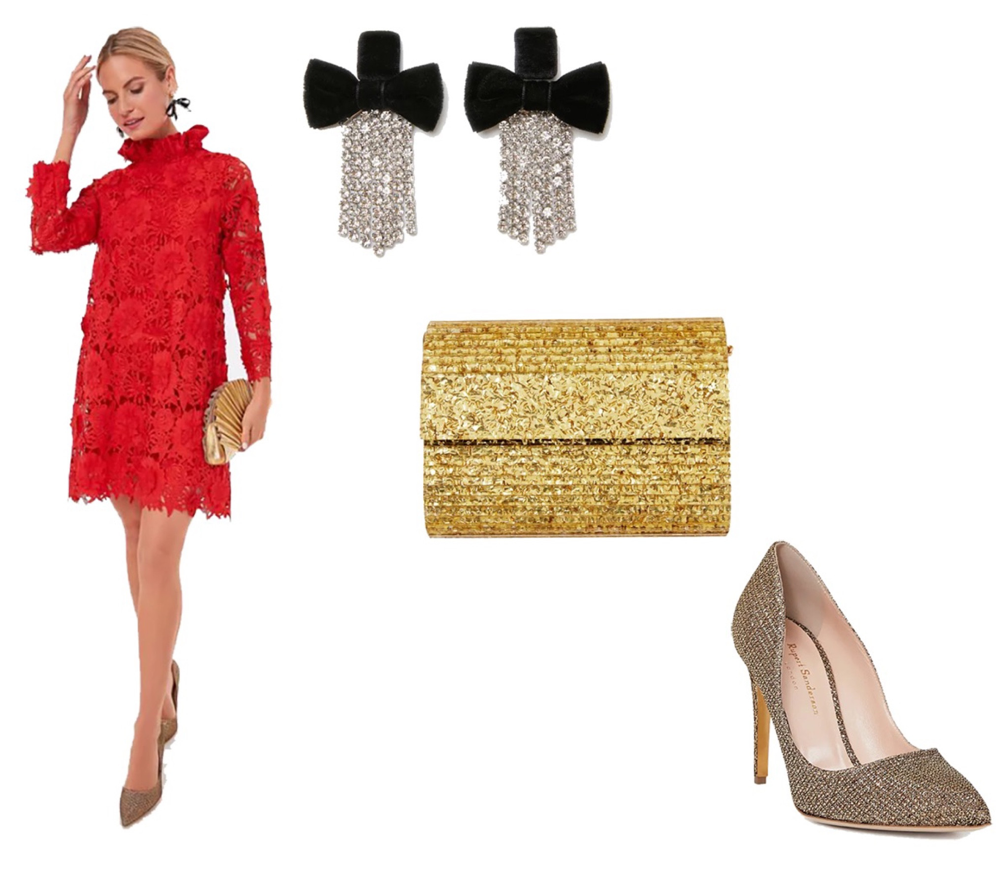 Instead of the little black dress, why not try the little red dress this holiday season? Accessorize this red lace dress with bow earrings, a gold clutch, and sequin heels.

#LTKSeasonal #LTKHoliday #LTKstyletip