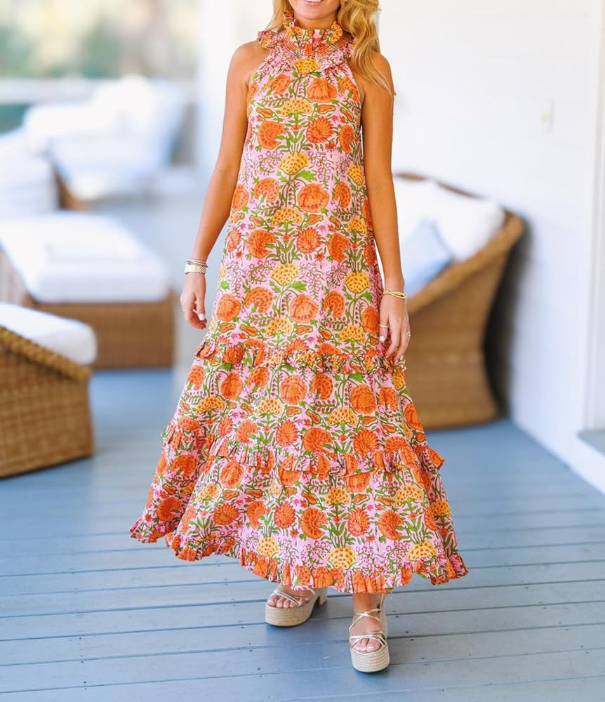 Women Spaghetti Strap Tie Shoulder Floral Maxi Dress Y2k Lace Trim Ruffle Long Dress Summer Boho ... | Amazon (US)