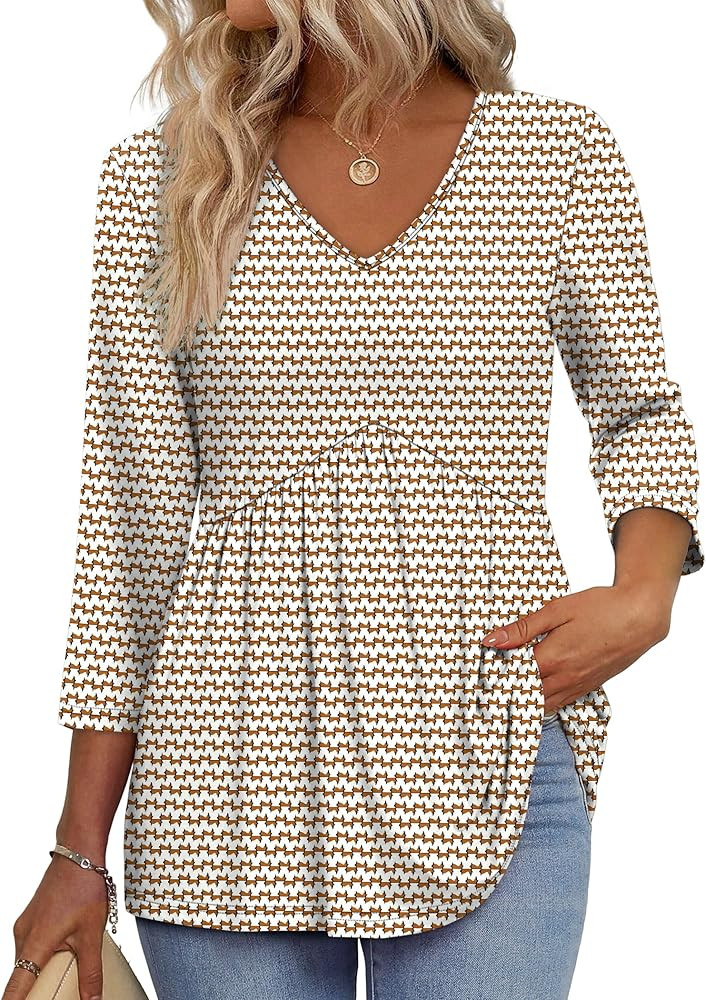 3/4 Length Sleeve Womens Tops 2025 Blouses for Women Dressy Casual Fashion Clothing V Neck Babydo... | Amazon (US)