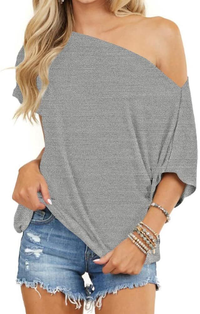 INFITTY Women's Off Shoulder Tops Short Sleeve Casual Loose Batwing Shirts Oversized Blouse Tunic | Amazon (US)