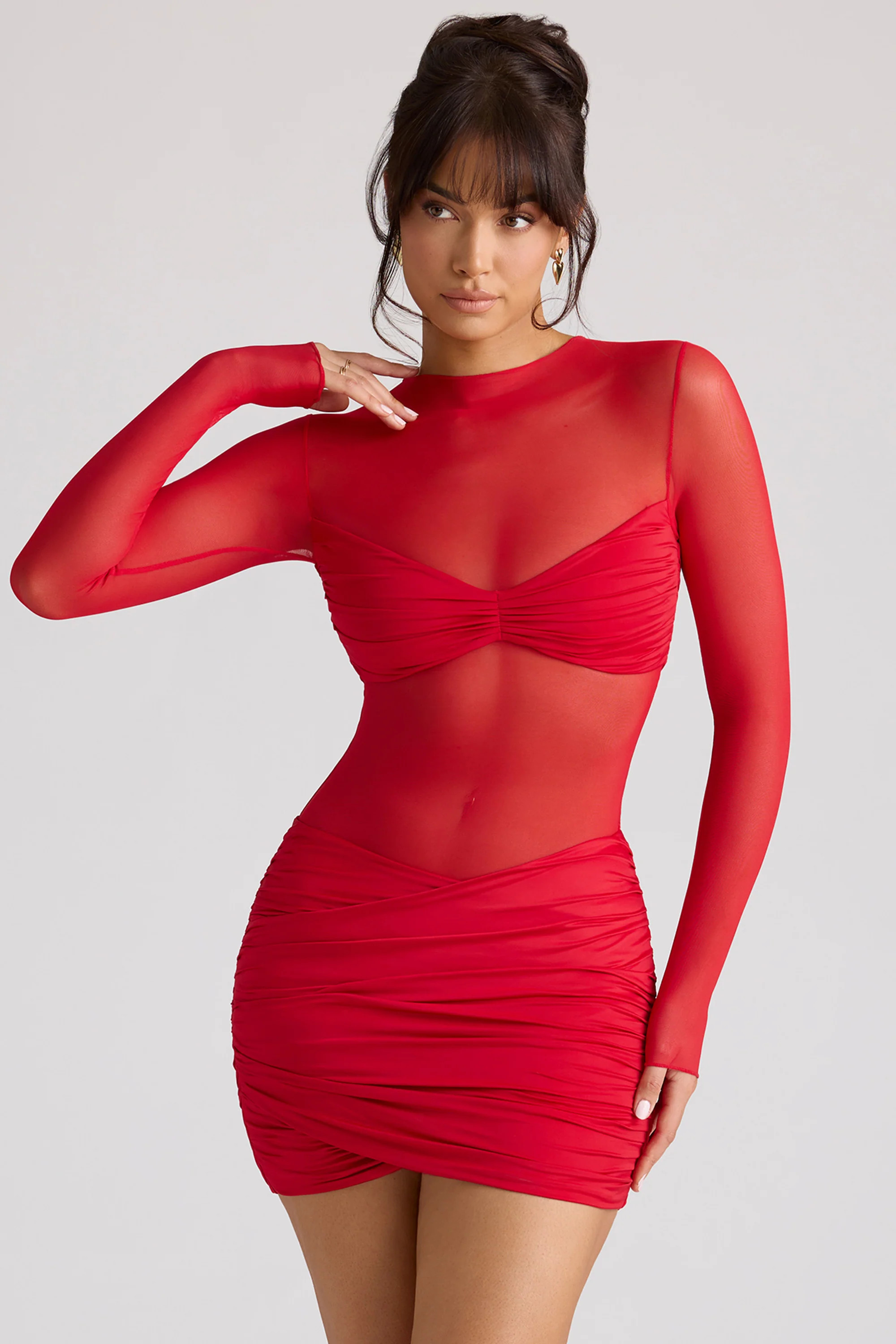 Sheer Panelled Long Sleeve Mini Dress in Fire Red | Oh Polly